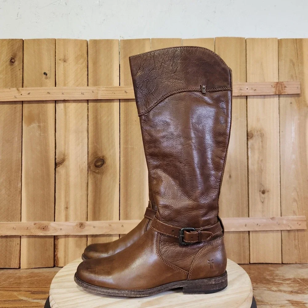 Frye Phillip Riding Boots Womens 8.5 B Brown Leather Knee High Side Zip Buckle